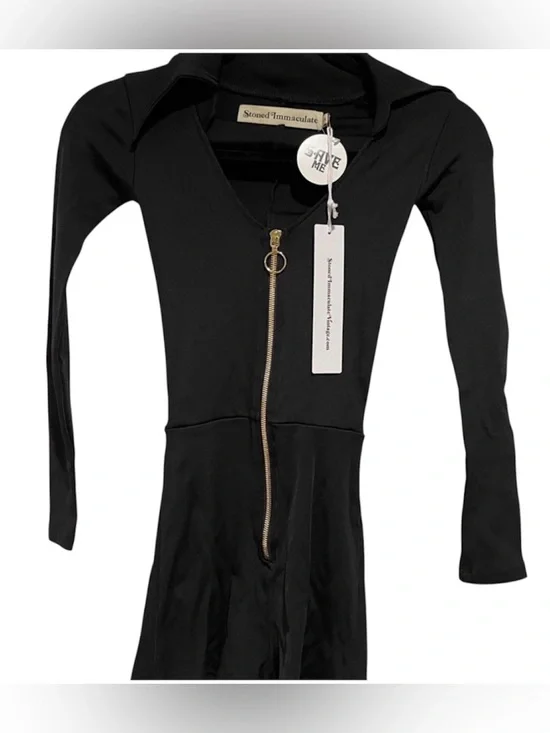 NWT Stoned Immaculate Black Disco Long Sleeve Ribbed Zip Front Shorts Romper-S - Picture 4 of 15